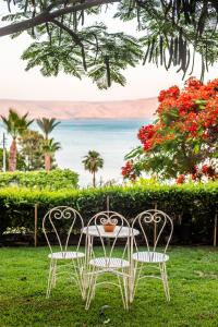 dos sillas y una mesa en la hierba con el océano en The Scots Hotel en Tiberias