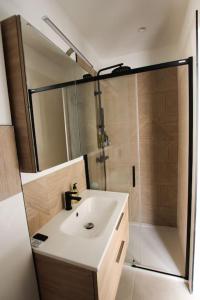a bathroom with a white sink and a shower at Appart neuf, parfaitement situé 6min CV-8min GARE in Arles
