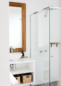 a bathroom with a sink and a shower at Anchor Geelong in Geelong