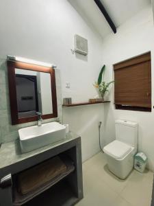 a bathroom with a sink and a toilet and a mirror at Cottage Garden Bungalows in Mount Lavinia