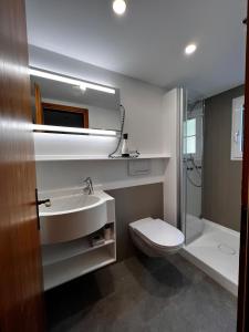 a bathroom with a sink and a toilet and a shower at Hotel Arlenwald in Arosa