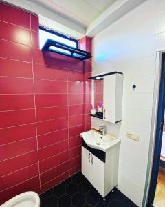ein rotes Badezimmer mit einem Waschbecken und einem WC in der Unterkunft shekvetili in Shekhvetili