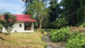 une petite maison blanche avec un toit rouge à côté d'un ruisseau dans l'établissement Creek Cottage Chaeson, à Ban Mun Thung
