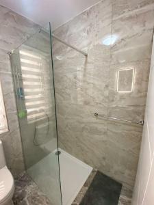 a bathroom with a glass shower with a toilet at Oyster Flats - Seaside Apartment 7 in Żebbuġ