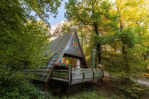 eine Hütte im Wald mit einer großen Terrasse in der Unterkunft La Petite Ourse Durbuy - natuur chalet in het bos in Durbuy