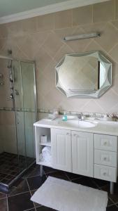 a bathroom with a sink and a shower and a mirror at Durbanville Place - 3 bedroom apartment in Durbanville