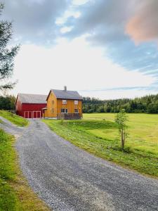 a road leading to a red barn on a farm at Fjellstad Gård - 2 minutes from E6 and 5 minutes drive from Steinkjer city in Steinkjer