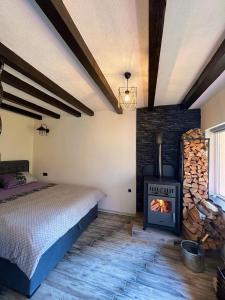 a bedroom with a bed and a fireplace at Mountain apartment ''Michelle'' in Kakanj