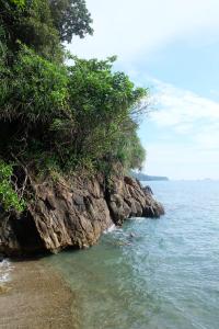 een rotsachtige kust met bomen en de oceaan bij Koh Chang Hut Hotel in Ko Chang