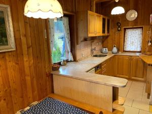 a kitchen with wooden cabinets and a counter top at Horská chalupa Pluskovjanka in Velké Karlovice