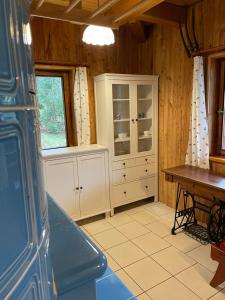 eine Küche mit einem Schrank und einem Tisch in einem Zimmer in der Unterkunft Horská chalupa Pluskovjanka in Velké Karlovice