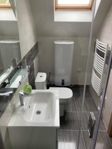 un bagno con un lavandino bianco e un water di Dvojlôžková izba s vlastnou kúpelňou v priemyselnej zóne a Vranov nad Topľou