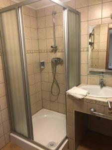 a bathroom with a shower and a sink at Kemencés Fogadó in Tardos