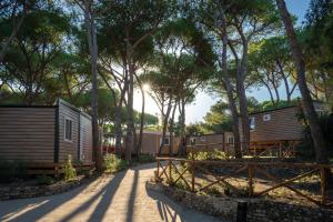 a cabin in the woods with a fence and trees at Camping Il Capannino Glamping Village in Marina di Bibbona