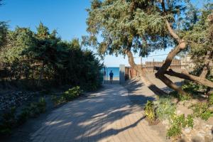 a person walking down a sidewalk next to a tree at Camping Il Capannino Glamping Village in Marina di Bibbona