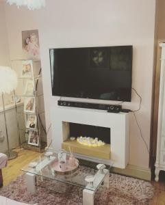 a living room with a fireplace with a flat screen tv at Catchdale Moss Cottage 