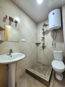 a bathroom with a toilet and a sink at beachfront apartments ,,kapro-one,, in Ureki