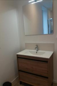 La salle de bains est pourvue d'un lavabo et d'un miroir. dans l'établissement Appart Lumineux proche toutes commodités, à Souvigny