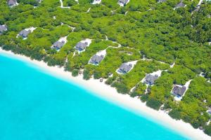 - une vue aérienne sur une plage avec des arbres et de l'eau bleue dans l'établissement Hideaway Beach Resort & Spa, à Dhidhdhoo