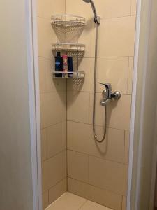 ein Bad mit einer Dusche und einer Glastür in der Unterkunft apartman-Rača in Bratislava