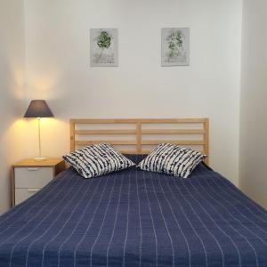 a bedroom with a blue bed with two pillows at Mieszkanie z sercem - dwa pokoje, 300 m od morza in Ustka