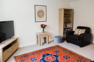 a living room with a tv and a chair and a rug at College Court in Bedale