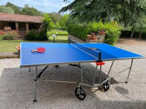una mesa de ping pong azul con una paleta de ping pong en La Villa Del Cedro, en Ciggiano
