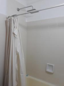 a shower curtain is hanging in a bathroom at Departamento céntrico por día in Bahía Blanca