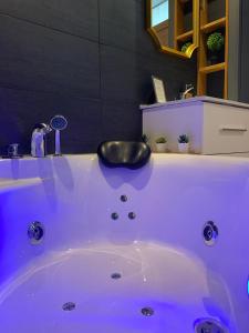 La salle de bains est pourvue d'une baignoire avec un lavabo noir. dans l'établissement L'Appart d'Hugo, à Chambéry