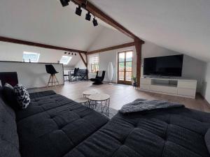 ein großes Wohnzimmer mit einem Bett und einem Flachbild-TV in der Unterkunft Haus Andreas in Bodenmais