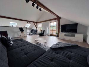 sala de estar amplia con cama y TV de pantalla plana. en Haus Andreas, en Bodenmais