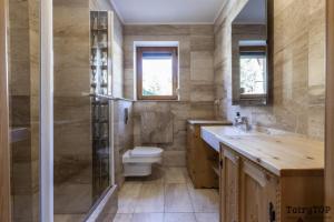 uma casa de banho com um WC, um lavatório e um chuveiro em TatryTop Apartamenty Comfort em Zakopane