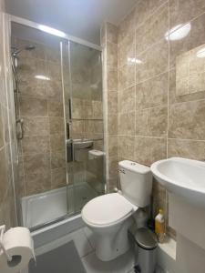 a bathroom with a toilet and a shower and a sink at MBA COSY 4 bedroom house in Leavesden Green