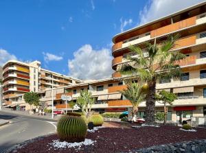 a building with palm trees in front of a street at Gecko apartman in Puerto de Santiago