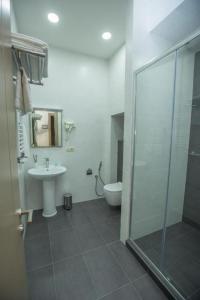 a bathroom with a shower and a sink and a toilet at History Hotel Tbilisi in Tbilisi City