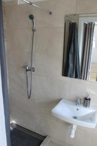 La salle de bains est pourvue d'une douche et d'un lavabo. dans l'établissement Apartmány pri Auparku, à Piešťany
