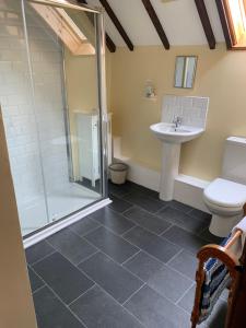 a bathroom with a shower and a toilet and a sink at Brookside Barn in Lichfield