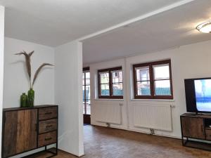 an empty living room with a tv and windows at Appartment Montfort in Feldkirch