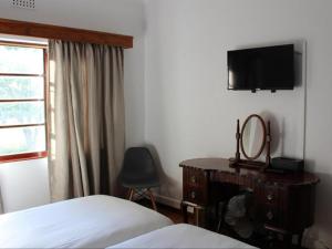 a bedroom with a bed and a desk and a television at Somerset Guest Lodge - Western Cape in Somerset West