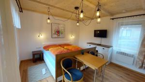 1 dormitorio con cama, mesa y escritorio en Pavlov24 - Zahradní domečky, en Pavlov