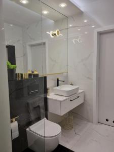 a white bathroom with a toilet and a sink at Apartament Wyspiański in Sanok