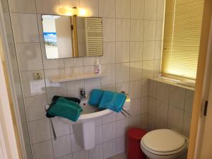 uma casa de banho com um lavatório, um WC e um espelho. em Pension Canberra em Bergen aan Zee