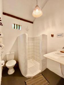 a bathroom with a shower and a toilet and a sink at Pousada Ziriguidüm in Caraíva
