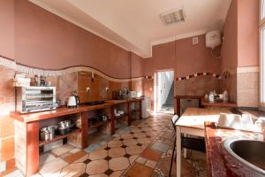 a large kitchen with brown walls and a sink at Casa De Wawa in Warsaw
