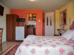 a bedroom with a large bed and a kitchen at Η Φωλιτσα in Karpenisi
