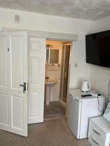 Cette chambre comprend une télévision et une salle de bains pourvue d'un lavabo. dans l'établissement Alder en-suite self catering with private shower 3, à Southampton