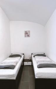 Penzion Zahrádka في لازن بوهدانتش: سريرين في غرفة بجدران بيضاء