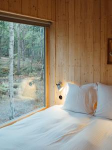 Cama en habitación con ventana grande en Youza ecolodge, en La Couture-Boussey