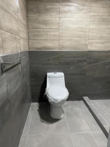 łazienka z białą toaletą w kabinie w obiekcie Habitación Platino comfort y elegancia en Pachuca 