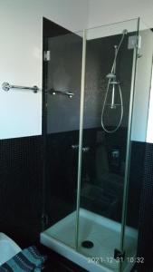 y baño con ducha y puerta de cristal. en Casa Vacanze LELUPE en Sant'Agnello